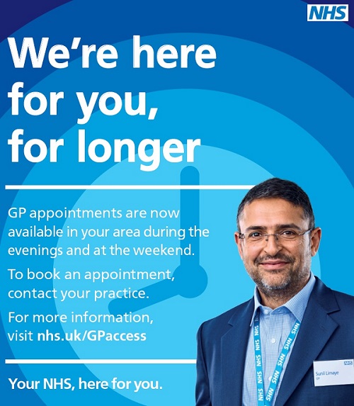 We're here for you for longer GP appointments are now available in your area during the evenings and at the weekend to book an appointment contact your practice